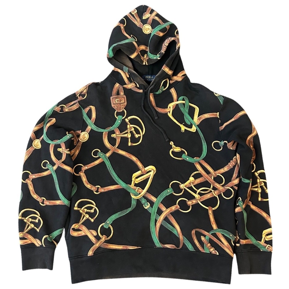 Polo Ralph Lauren Mens Equestrian Stirrup Print Hoodie Black Gold Green Medium